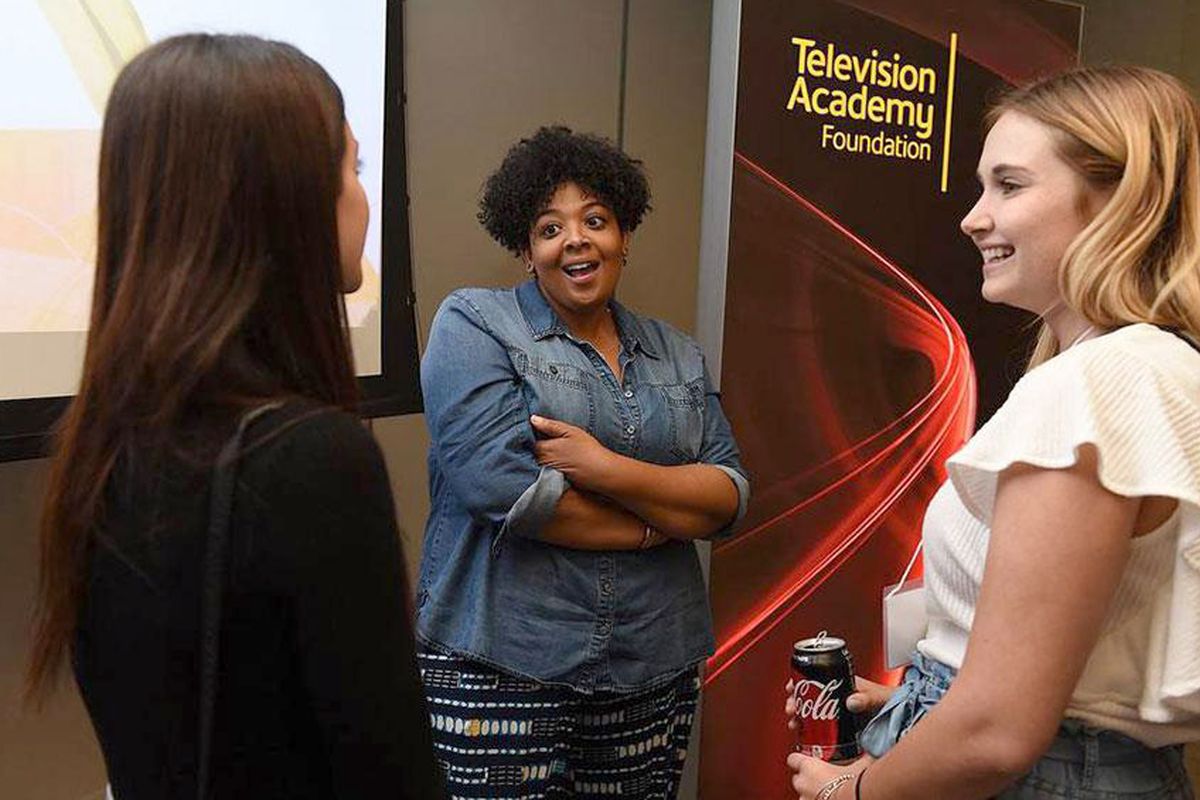 In this image provided by the Television Academy, Layne Eskridge, creative executive at Apple TV, center, takes part in "Meet Our Alumni: Intern to Industry Professional," one of the Television Academy Foundation