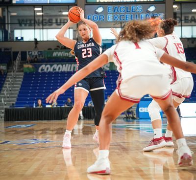 Gonzaga freshman forward Jaiden Haile looks to pass during a nonconference game against Indiana on Friday in Estero, Fla.  (Courtesy of Gonzaga Athletics)