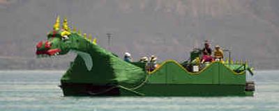 
A large pontoon boat in the shape of a sea monster ferries tourists for a tour of Bear Lake, Utah. The Bear Lake Monster has been talked about, debated and scouted since its first reported sighting in 1868.
 (Associated Press / The Spokesman-Review)