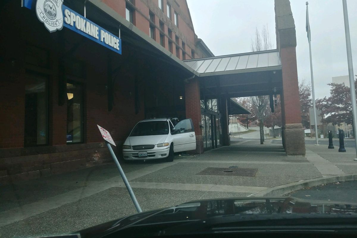 A stolen Sweet Frostings Bakery van, seen here, was crashed into the Downtown Police Precinct at the Intermodal Terminal just before 8 a.m. Sunday. (Spokane Police Department)