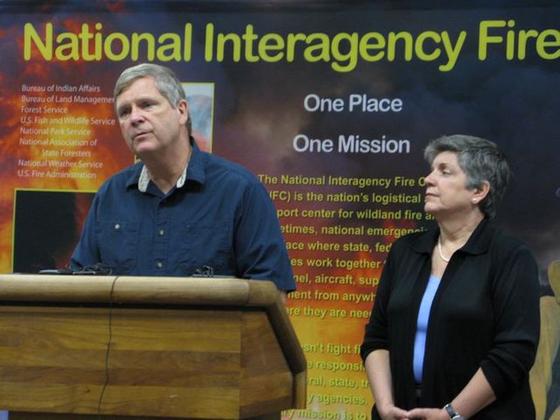 U.S. Agriculture Secretary Tom Vilsack, left, speaks in Boise on Tuesday; at right is Homeland Security Secretary Janet Napolitano. (Betsy Russell)
