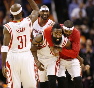 Houston’s James Harden scored 37 points in win over Lakers on Sunday. (Associated Press)