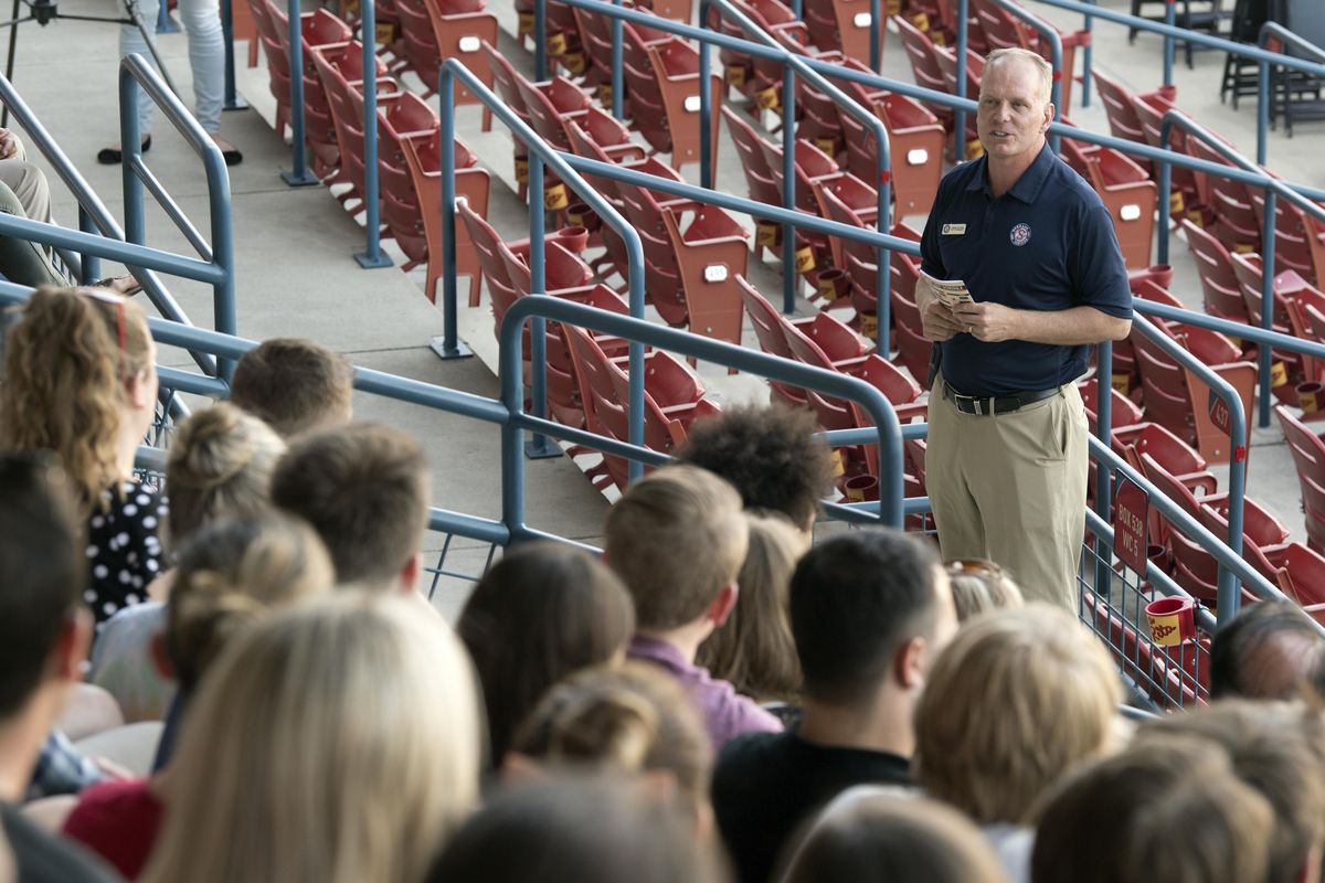 Otto Klein, the senior vice president of the Spokane Indians, gives a pep talk to the new seasonal employees of the minor league baseball club at Avista Stadium on Tuesday, May 23, 2017. The employees were getting their employee orientation with an emphasis on safety, customer service and other concerns. Jesse Tinsley/THE SPOKESMAN-REVIEW (JESSE TINSLEY/THE SPOKESMAN-REVIEW)