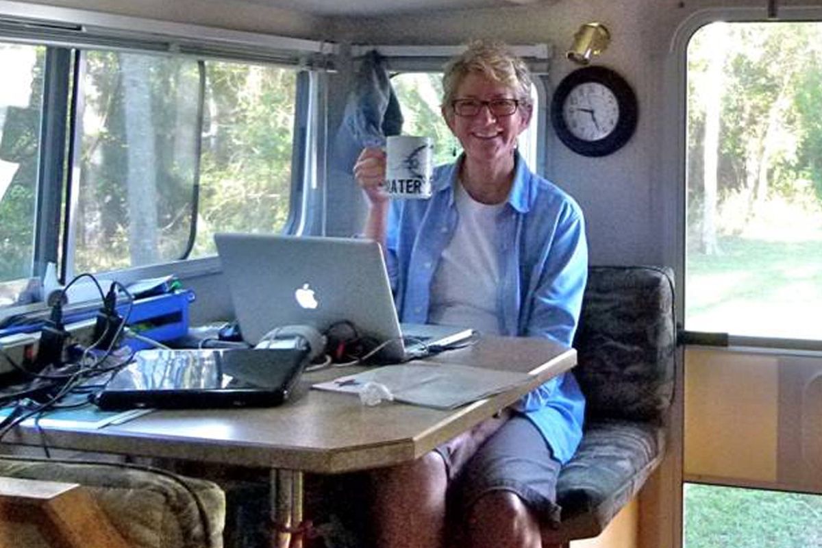 Thanks to available technology, Crane is able to work online while camping – in this case, at Goliad State Park in central Texas.