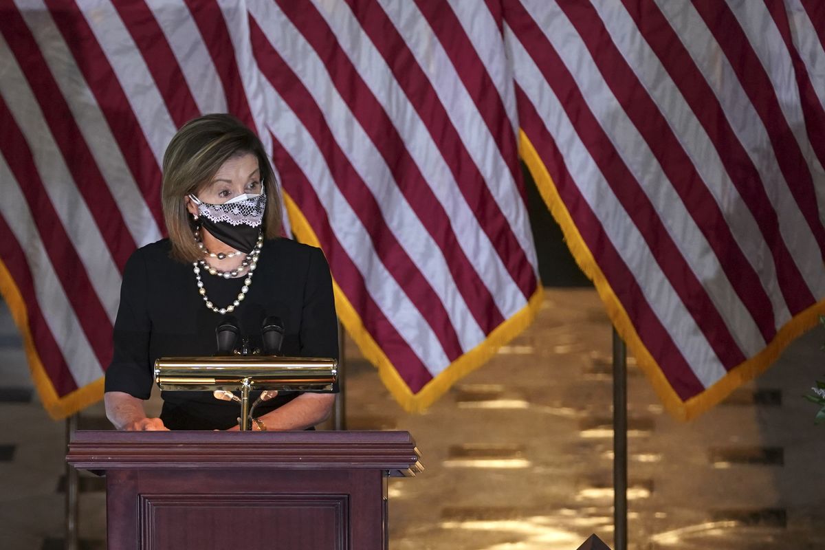 House Speaker Nancy Pelosi of Calif., speaks during a Celebration of Life for Rep. Alcee Hastings, D-Fla., in Statuary Hall on Capitol Hill in Washington, Wednesday, April 21, 2021. Hastings died earlier this month, aged 84, following a battle with pancreatic cancer.  (Stefani Reynolds)