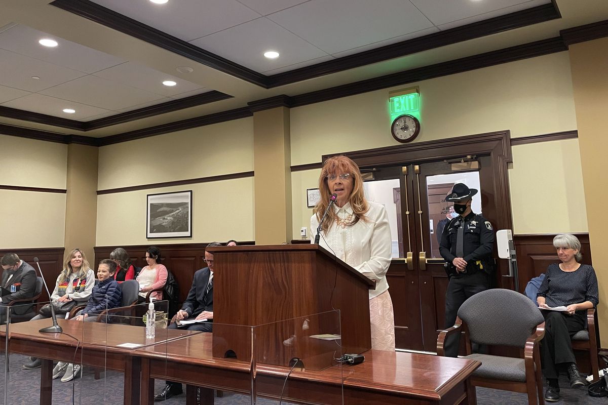 Republican state Rep. Karey Hanks addresses the House State Affairs Committee on Monday in the Statehouse in Boise. The committee approved legislation to prohibit mask mandates by government entities in Idaho.  (Keith Ridler)