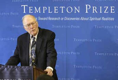 
Charles Townes, co-inventor of the laser and a Nobel Prize-winner in physics, speaks Wednesday after winning the Templeton Prize in New York.
 (Associated Press / The Spokesman-Review)