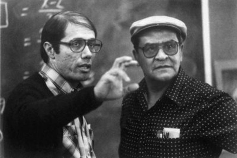 FILE - This March 9, 1988 file provided by Warner Bros., shows actor Edward James Olmos, left, comparing notes with high school teacher Jaime Escalante during the filming of the Warner Bros. film 'Stand And Deliver,' in Los Angeles. Escalante died Tuesday March 30, 2010 in Reno, Nev. He was 79.
(AP Photo/Warner Bros., (Warner Bros.)