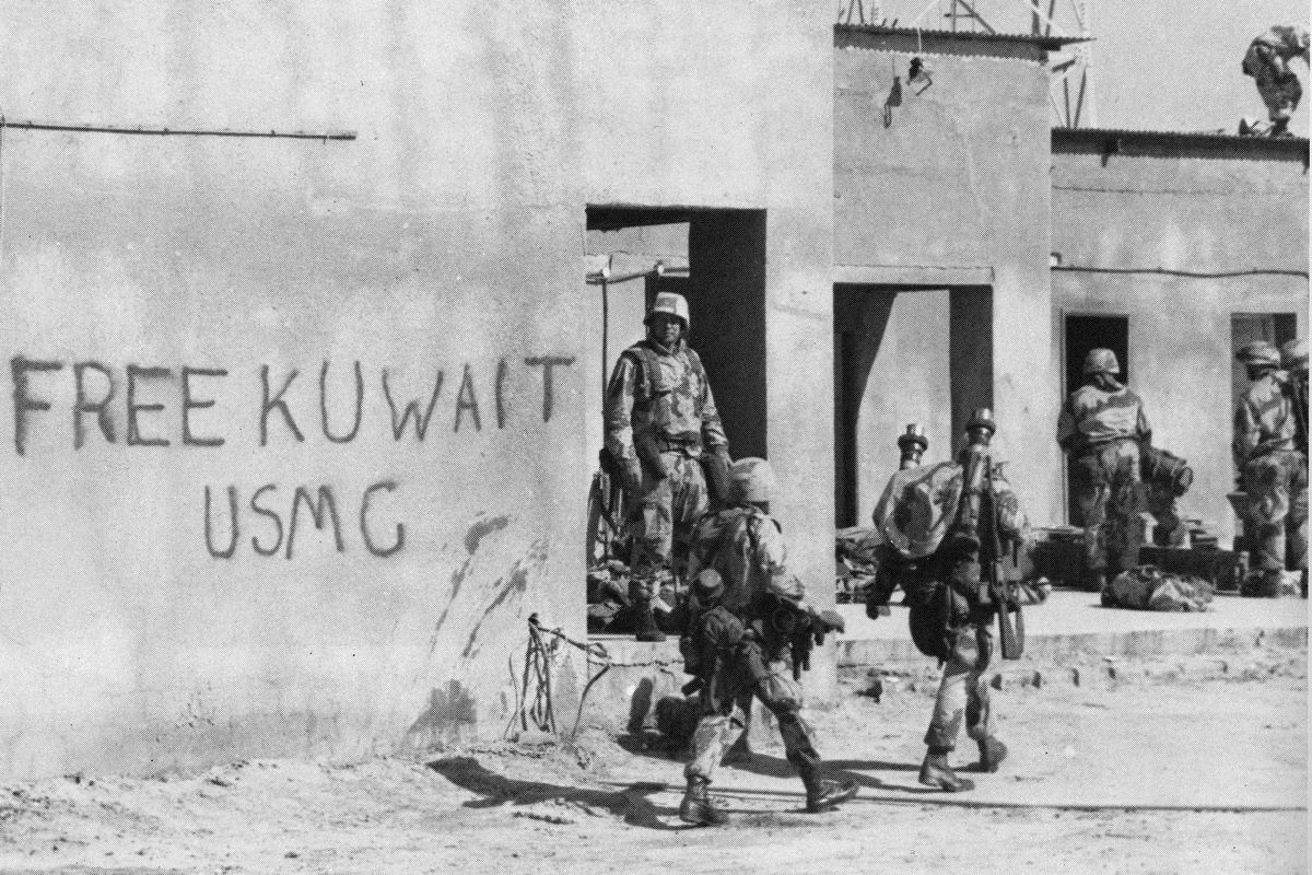 LCpl. Jake LaRue (not pictured) with Communications Plt., 1st Bn., 4th Marines left some graffiti while other Marines inventoried Iraqi equipment captured during a raid on Maradim Island during Desert Storm.  (Courtesy of Rob Kauder)