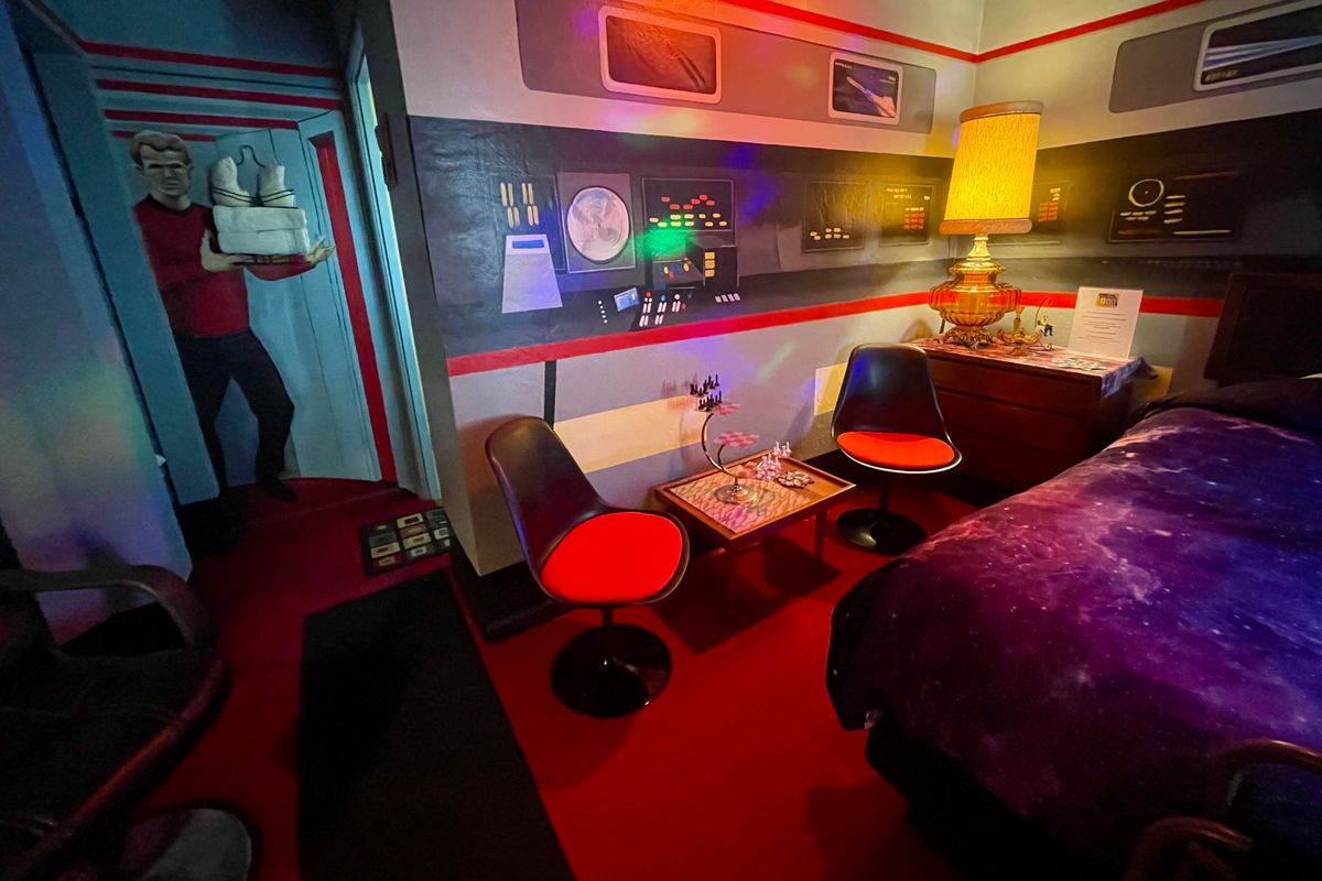 Guests entering Room 1701 at the Itty Bitty Inn are transported directly onto the bridge of the USS Enterprise. The “Star Trek”-themed suite is a popular attraction at the North Bend, Oregon, motel. (Courtesy of Rick Villarreal)