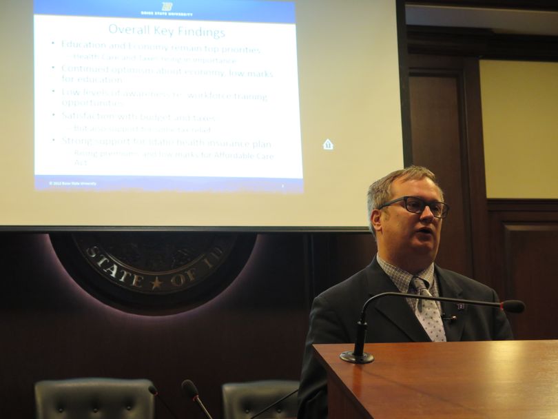 BSU Professor Justin Vaughn presents the results of the annual BSU Public Policy Survey at the Idaho state Capitol on Thursday, Jan. 18, 2018. (Betsy Z. Russell)