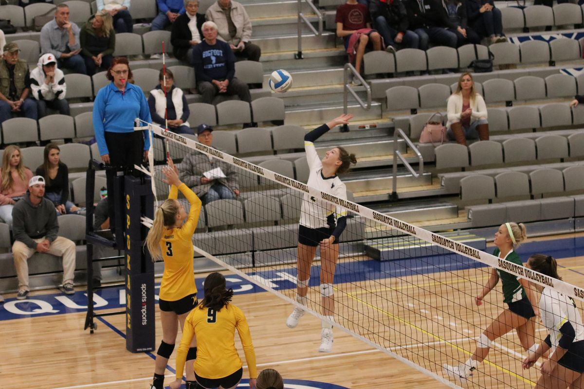Sophomore middle blocker Joelle Mahowald takes a swing in a recent CC Spokane match. (CCS Athletics / Courtesy)