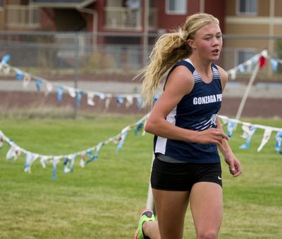 Gonzaga Prep’s Cyra Carlson nears the finish while winning Wednesday’s Greater Spokane League cross country race at Central Valley. (Colin Mulvany)