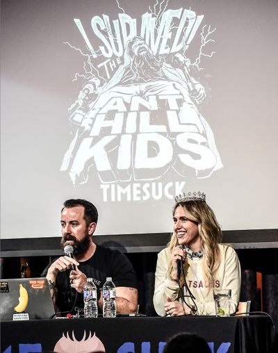 Dan Cummins and Lynze Cummins host their podcast, “Timesuck,” at the 2019 Nashville Comedy Festival in Tennessee.  (Rick Diamond)