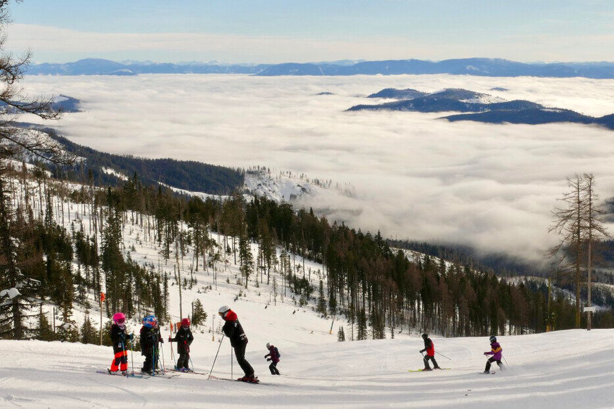 A ski class pauses midmountain at Mt. Spokane Ski and Snowboard Park in January 2022.  (Jesse Tinsley/The Spokesman-Review)