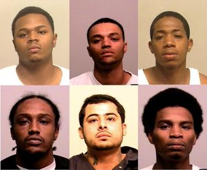 Top row, from left to right: Jermaine S. Bedford, Kalen J. Bedford, Rashad F. Toussiant. Bottom row, from left to right: Roderick D. Shanks, Stafone N. Fuentes, Tyrone J. Carell (Spokane Police Department)