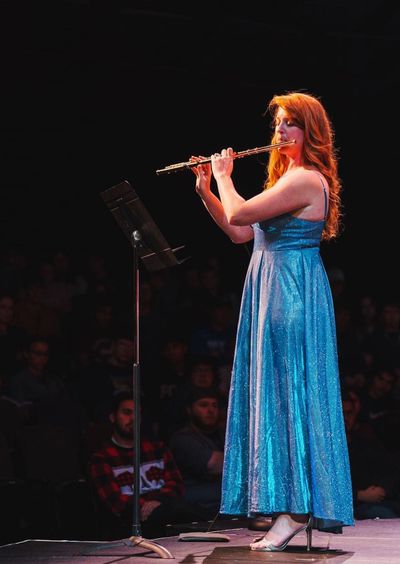 Flutist Alyssa Schwartz, who has partnered with physicist Domenico Vicinanza in turning data into sound, performs with the Black Diamond Philharmonic at Fairmont State University in West Virginia.  (Dusty Merrill/Handout)