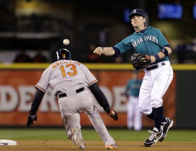 Seattle shortstop Brendan Ryan throws to first for a double play after forcing Manny Machado. (Associated Press)