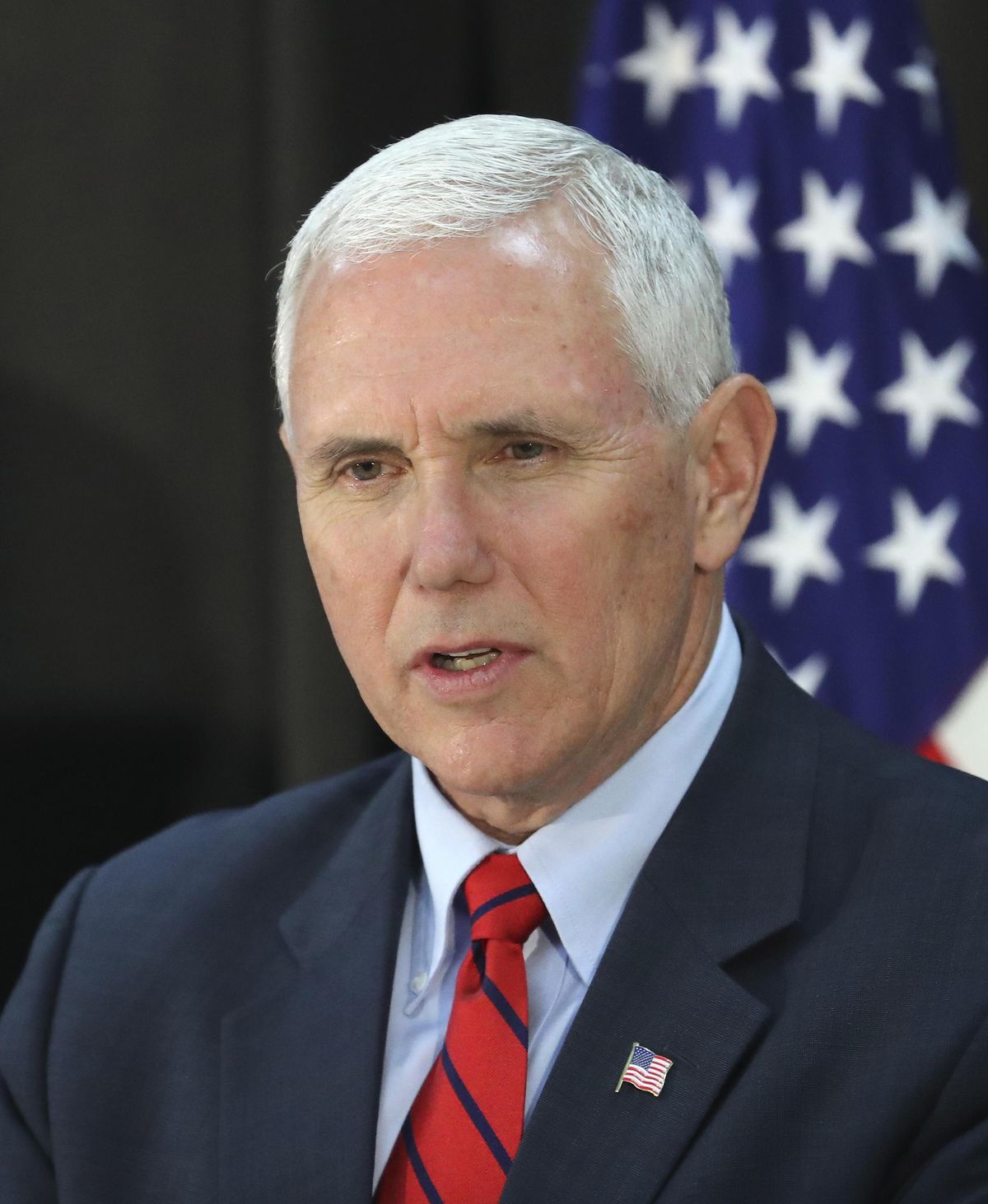 U.S. Vice President Mike Pence speaks during a dinner with soldiers and family members after Easter Sunday church services at a military base in Seoul, South Korea, Sunday, April 16, 2017.  Pence said Sunday that North Korea’s “provocation” underscored the risks faced by American and South Korean service members, hours after the North conducted a failed missile launch shortly before Pence’s arrival. (Lee Jin-man / Associated Press)