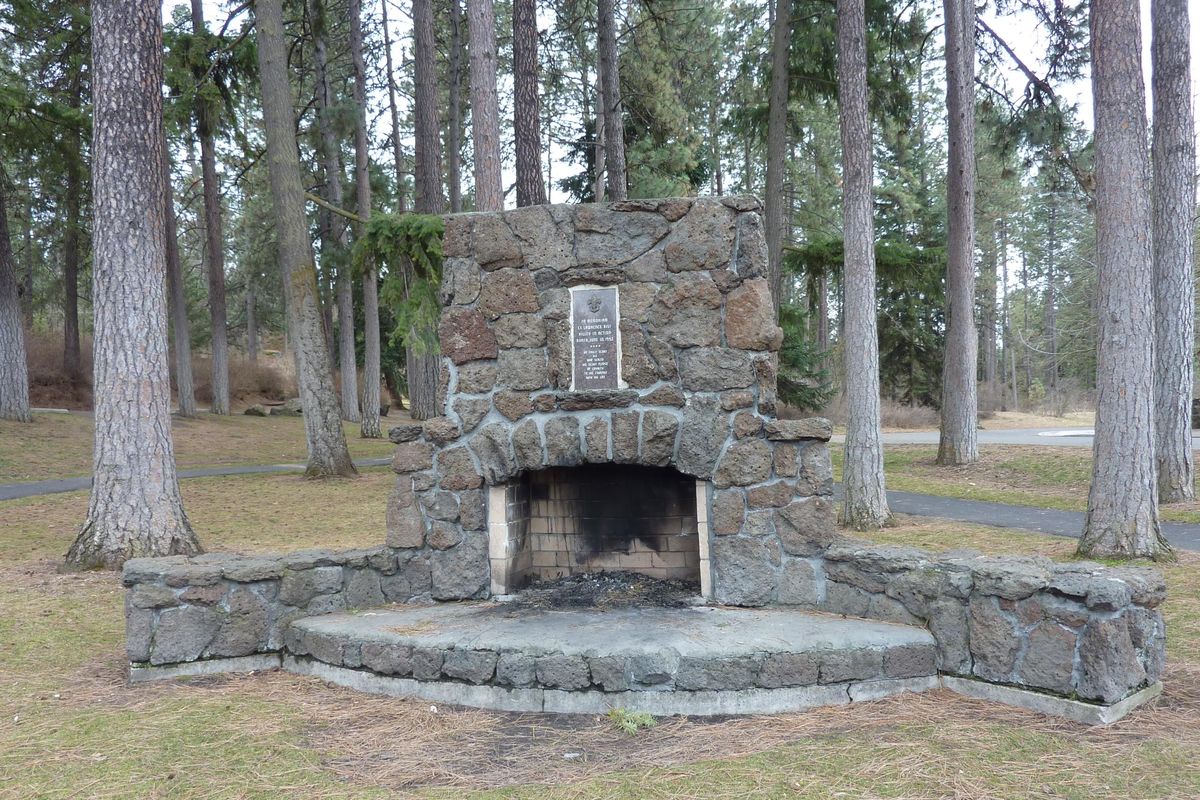 The Lawrence Rist Memorial fireplace is seen by the pond in Manito Park. It was created by Boy Scout Troop 4 to honor their former scoutmaster, who was killed in action in the Korean War. The dedication took place in 1953. (Stefanie Pettit / The Spokesman-Review)