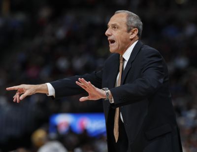 In this April 3, 2019 photo, San Antonio Spurs assistant coach Ettore Messina gestures in the first half of an NBA basketball game against the Denver Nuggets, in Denver. (David Zalubowski / Associated Press)
