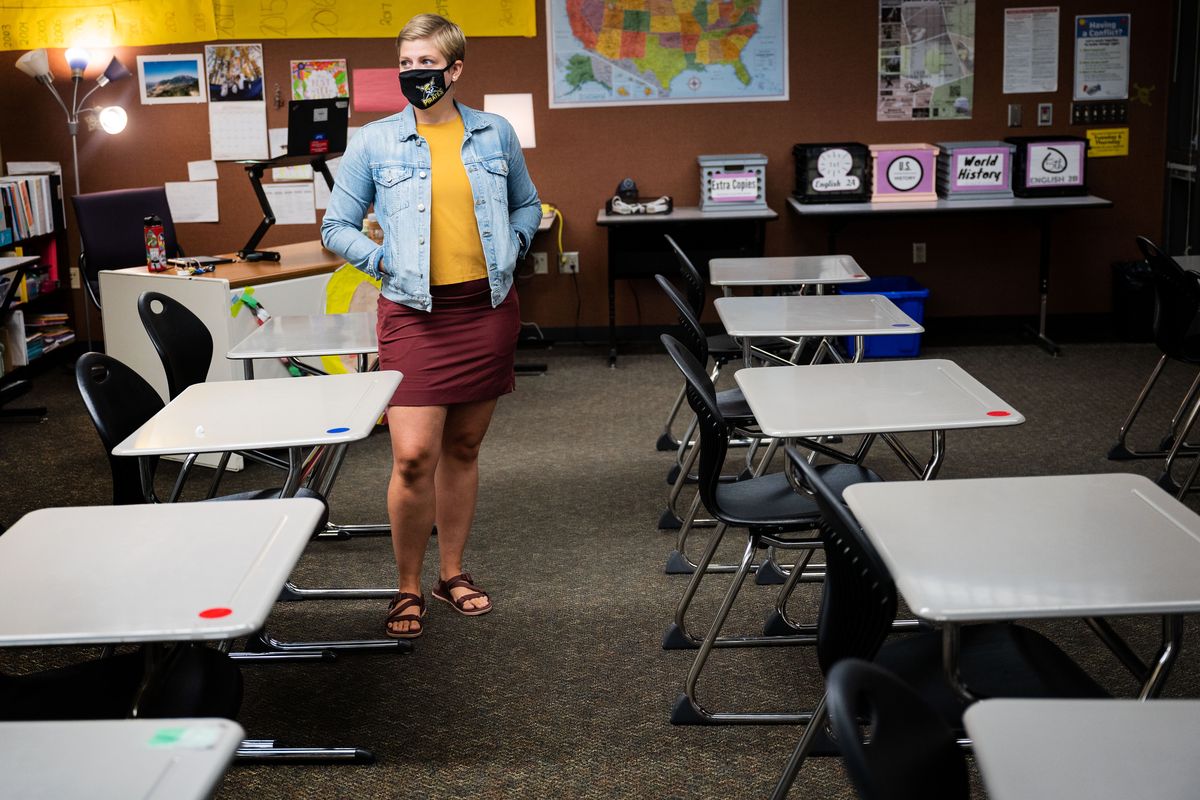 Emily Lefebvre, an English Language Development teacher at Rogers High School held all her classes virtually during the first day of school, Mon., Sept. 14, 2020.  (Colin Mulvany/THE SPOKESMAN-REVIEW)