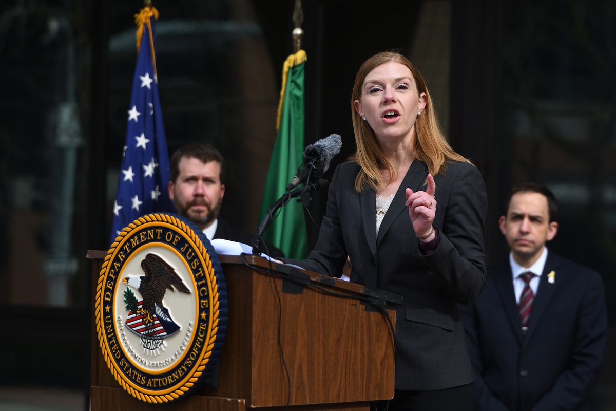 U.S. District Attorney Vanessa Waldref speaks at a news conference in front of the Thomas S. Foley United States Courthouse in downtown Spokane on Tuesday.  (COLIN TIERNAN/THE SPOKESMAN-REVIEW)