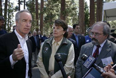 Sen. Dianne Feinstein, D-Calif, listens as Interior Secretary Dirk Kempthorne makes a point Saturday at the 12th Annual Tahoe Summit in South Lake Tahoe, Calif. (Associated Press / The Spokesman-Review)