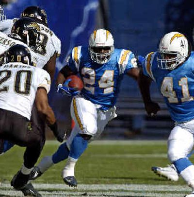 San Diego backup RB Jesse Chatman looks for room against Jacksonville.
(Associated Press / The Spokesman-Review)