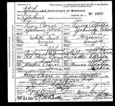This 1913 marriage license is a legal document uniting King Corn and Queen Alfalfa. It is on file at the Eastern Washington Regional Archives in Cheney. (Stefanie Pettit / The Spokesman-Review)