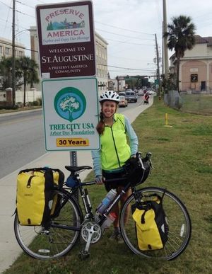 Hillary Landers of Spokane reaches the end of her TransAmerica bicycle tour after pedaling more than 3,000 miles from San Francisco to San Diego and eastward across the country to end in St. Augustine, Fla. (Katy Howell)