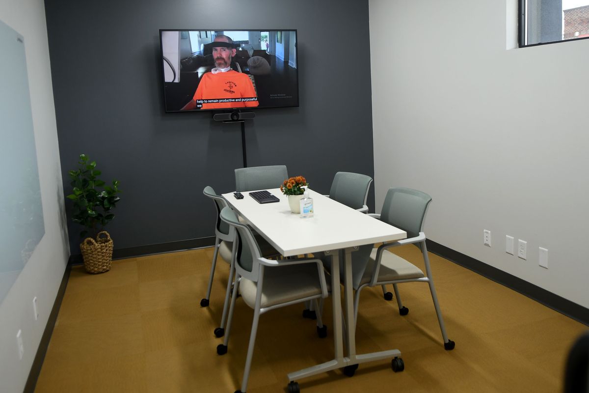 A video message form Steve Gleason plays at the WSU Adaptive Technology Center in the Steve Gleason Institute for Neuroscience building on Wednesday, Sept. 29, 2021 during a tour of the new facility.  (kathy plonka)