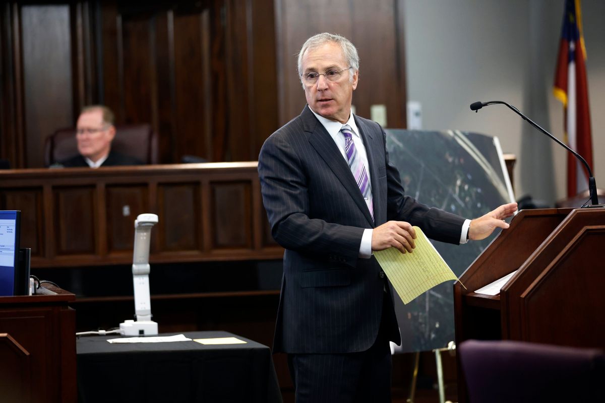 Defense attorney Robert Rubin speaks during the trial of William "Roddie" Bryan, Travis McMichael and Gregory McMichael, charged with the February 2020 death of 25-year-old Ahmaud Arbery, at the Gwynn County Superior Court, in Brunswick, Ga., Friday, Nov. 5, 2021.  (Octavio Jones)