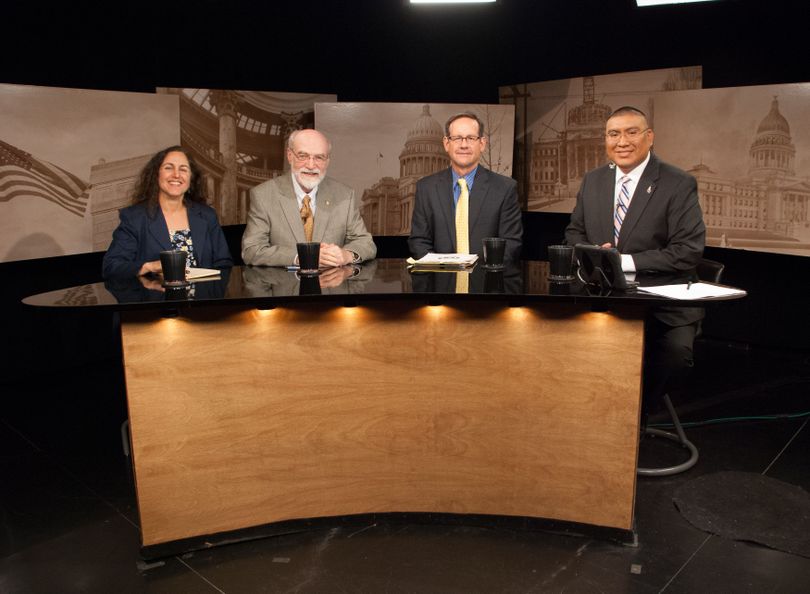 From left, Betsy Russell, Jim Weatherby, Dan Popkey and co-host Aaron Kunz on Idaho Public TV's 