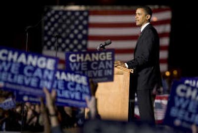 
Sen. Barack Obama, D-Ill., speaks in Des Moines, Iowa, on Tuesday.  He declared himself 