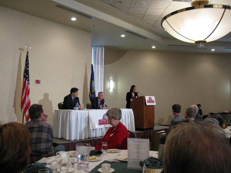 Boise City Club Debate - from left, Raul Labrador, Walt Minnick, moderator Marcia Franklin (Betsy Russell)