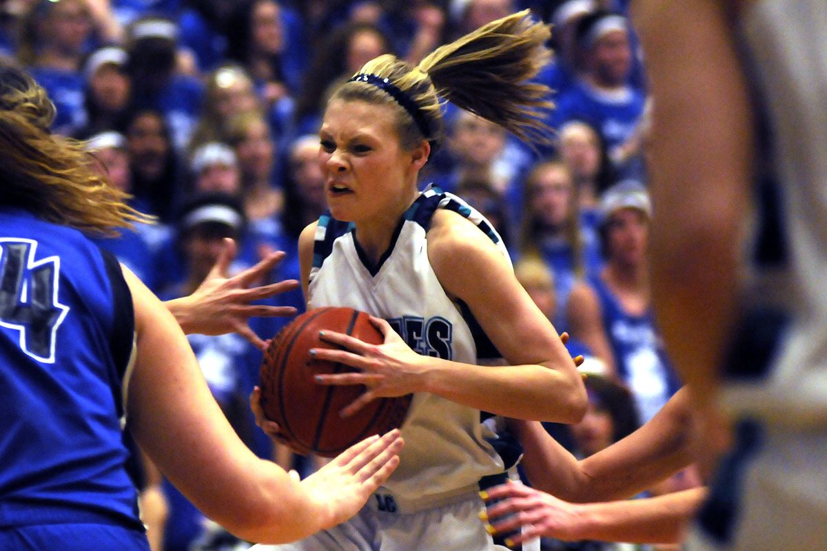 Lake City’s Sydney Butler holds on to the ball against Coeur d’Alene during the Fight for the Fish games at Lake City.  (Kathy Plonka)