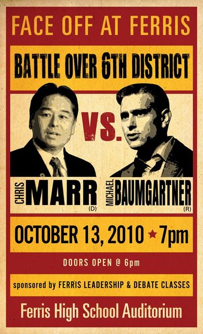 Poster for Ferris High School debate featuring Chris Marr and Michael Baumgartner. The state Senate debate will be held on Wednesday, Oct. 13, 2010.