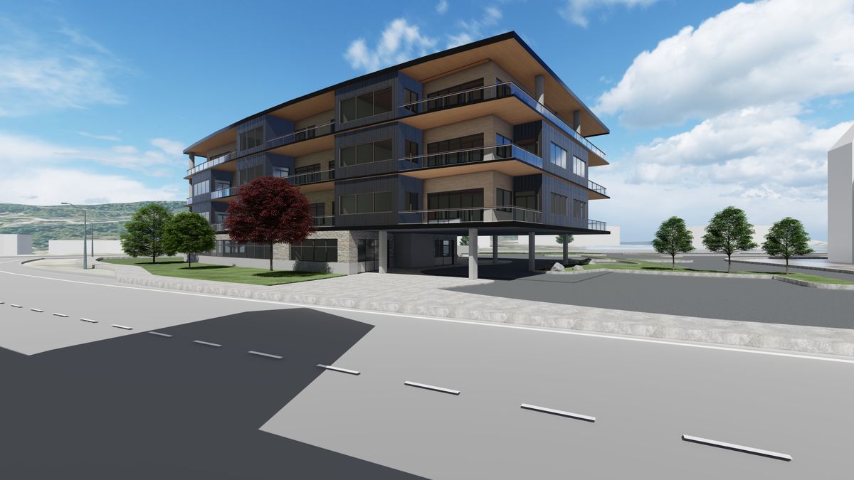 Riverstone Holdings LLC is developing a new condo and office building near the northwest corner of Riverstone Drive and Beebe Boulevard. The CornerStone project is slated for completion in 12 to 14 months.  (Rendering courtesy of Architects West )