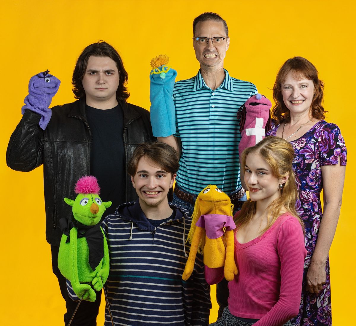 Noah Graybeal, left to right, as Timothy, Declan Sheehan as Jason, Doug Dawson as Pastor Greg, Eleanor Weitz as Jessica, and Caryn Hoaglund as Margery. The puppet designer is Farren Obenland.  (Courtesy of Gavin James)