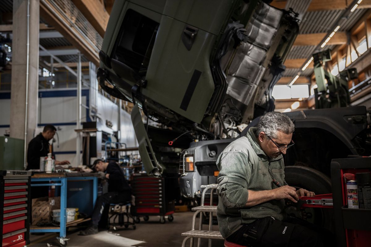 Mechanics work at a military facility in Luxembourg on Feb. 9. Tiny Luxembourg planned to use its considerable wealth to buy weapons for Ukraine on the open market but was left scrambling for ways to spend the money.  (Jim Huylebroek/The New York Times)
