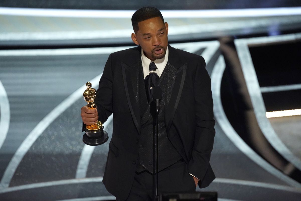 Will Smith cries as he accepts the award for best performance by an actor in a leading role for "King Richard" at the Oscars on Sunday, March 27, 2022, at the Dolby Theatre in Los Angeles.  (Chris Pizzello)
