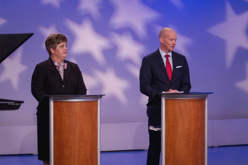 Robyn Brody, left, and Curt McKenzie, right, debate Friday night on Idaho Public Television (Idaho Public TV / Aaron Kunz)
