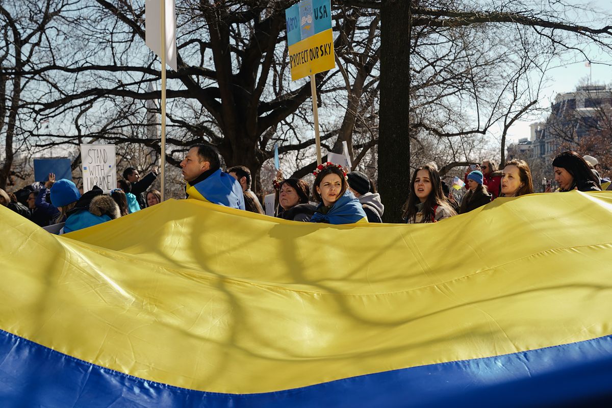  Supporters of Ukraine demonstrate in Washington, Feb. 27, 2022. As the war in Ukraine drags on, it is not uncommon to hear peace activists and progressive politicians, including many who have opposed American interventions elsewhere, make an exception for Ukraine