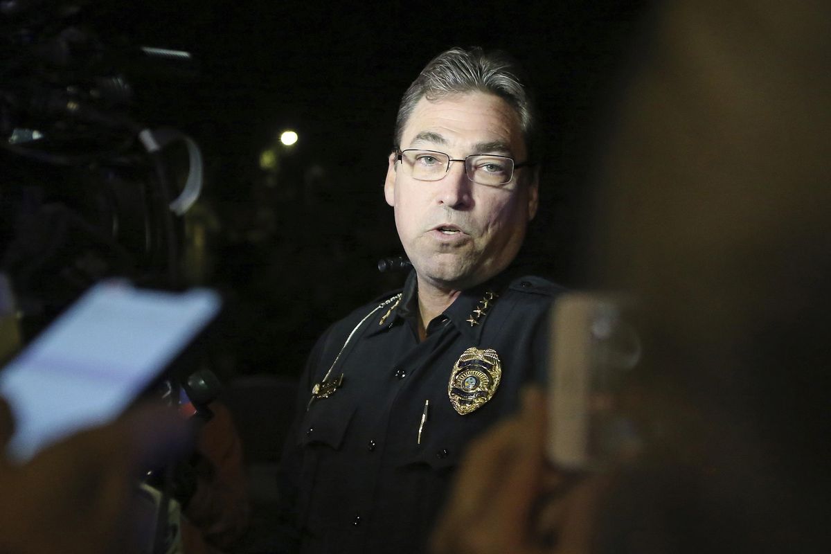 Tallahassee police chief Michael DeLeo speaks to the press at the scene of a shooting, Friday, Nov. 2, 2018, in Tallahassee, Fla. A shooter killed one person and critically wounded four others at a yoga studio in Florida’s capital before killing himself Friday, officials said. (Steve Cannon / Associated Press)