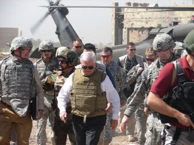 
U.S. Defense Secretary Robert Gates arrives Saturday at a joint security station in Baghdad. Gates arrived in Iraq unannounced Friday night. Associated Press
 (Associated Press / The Spokesman-Review)