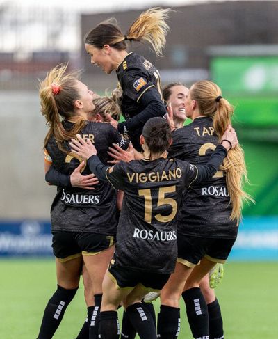 The Spokane Zephyr celebrate after beating the DC Power on a free kick from Emina Ekic in added time on Saturday at ONE Spokane Stadium. (Courtesy of Spokane Zephyr)