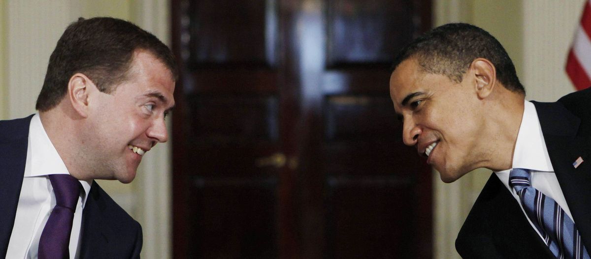 President Barack Obama meets with Russia’s President Dmitry Medvedev at Winfield House in London on Wednesday.  (Associated Press / The Spokesman-Review)