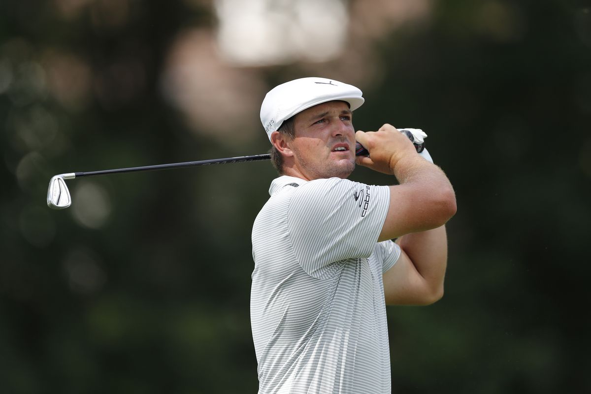 Bryson DeChambeau watches his drive on the 11th tee during the first round of the Rocket Mortgage Classic golf tournament, Thursday, July 2, 2020, at the Detroit Golf Club in Detroit.  (Associated Press)