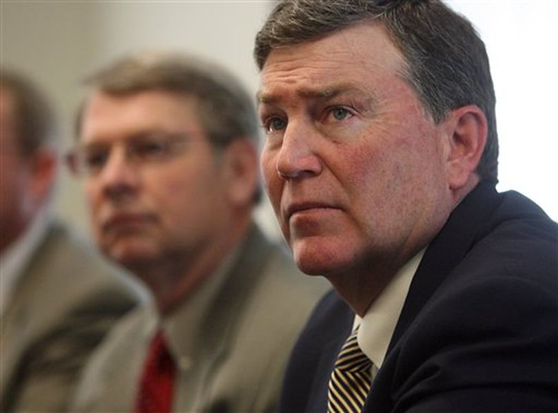 In this April 21, 2009 file photo, House Assistant GOP Leader Scott Bedke, R-Oakley, answers questions during a House GOP Leadership news conference at the Capitol Annex in Boise, Idaho; at left is Speaker Lawerence Denney, R-Midvale. (AP/Idaho Statesman / Shawn Raecke)